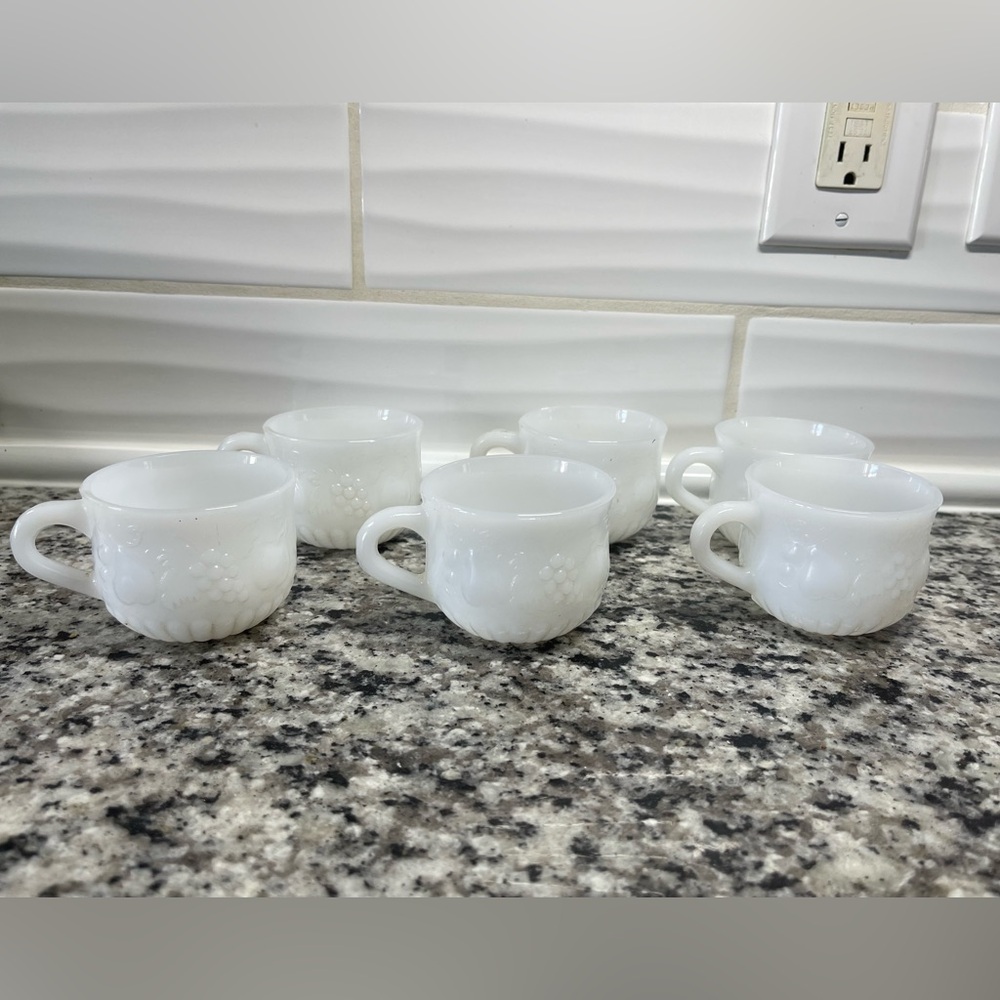 Set Of 6 Vintage Fruit Decorated Pressed Fused Milk Glass Punch Cups
